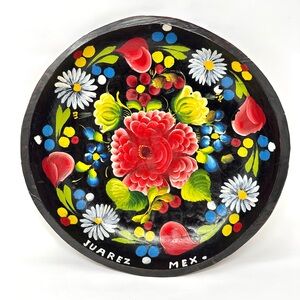 Floral Folk Art Bowl from Mexico handmade painted Mexican Batea vintage tray 12”